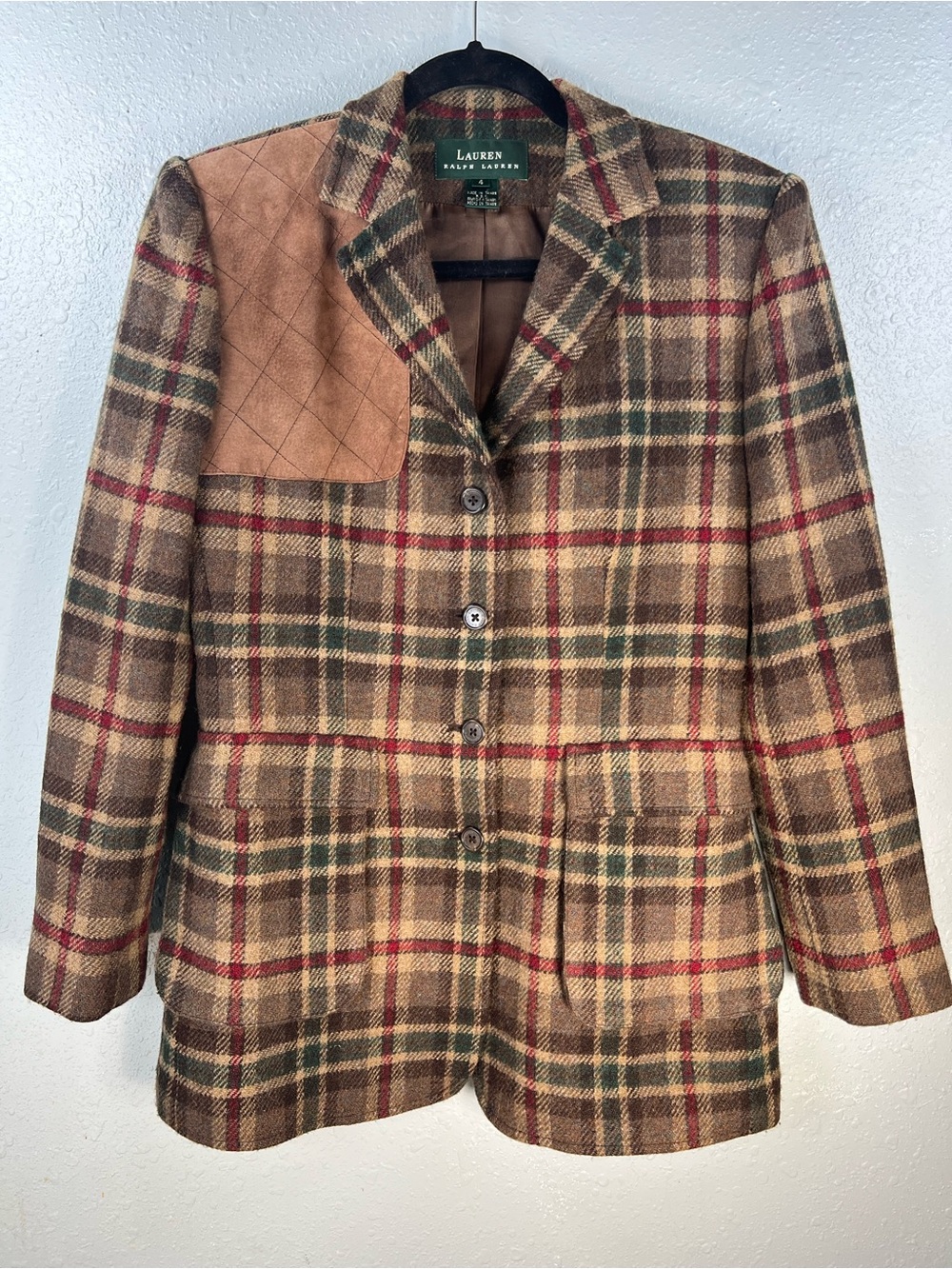 Lauren Ralph Lauren Wool Plaid Shooting Blazer Suede Patch Size 4 - Picture 2 of 16